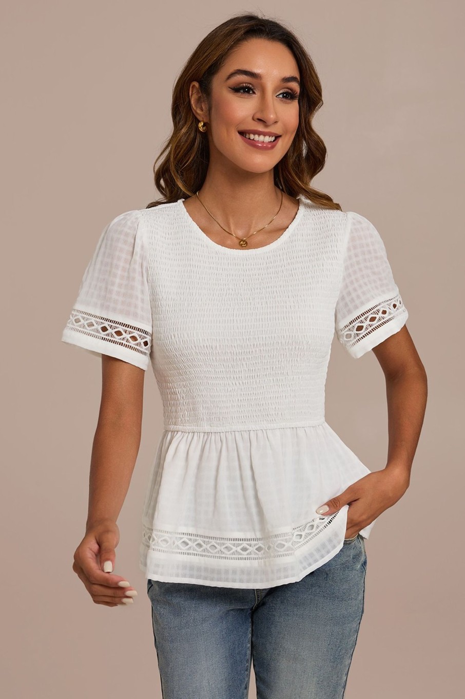 Clearance Short Sleeve Round Neck Shirring Ruffle Blouse White