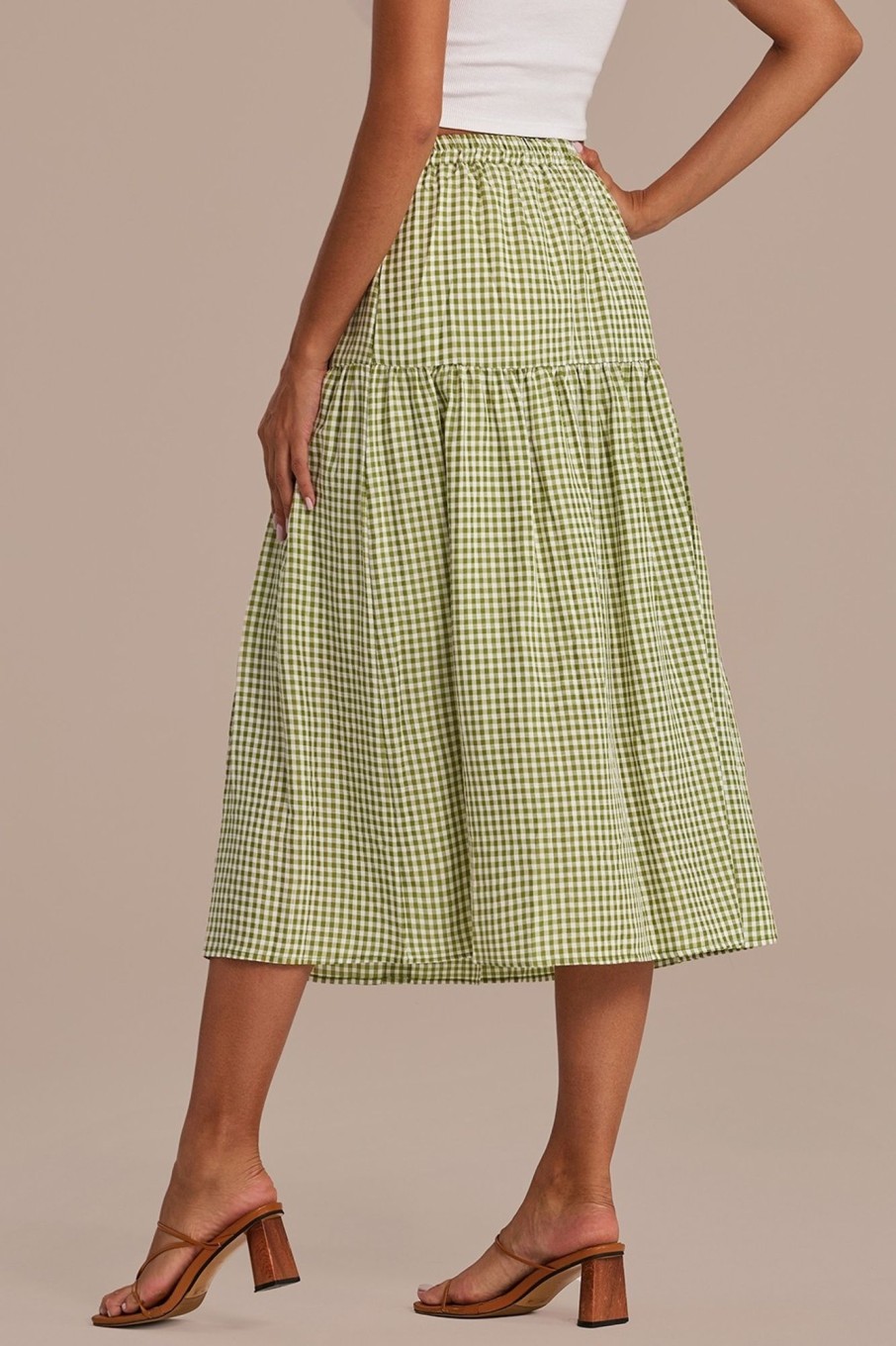 Best Elastic Waist Buttons Midi Skirt Sage Plaid