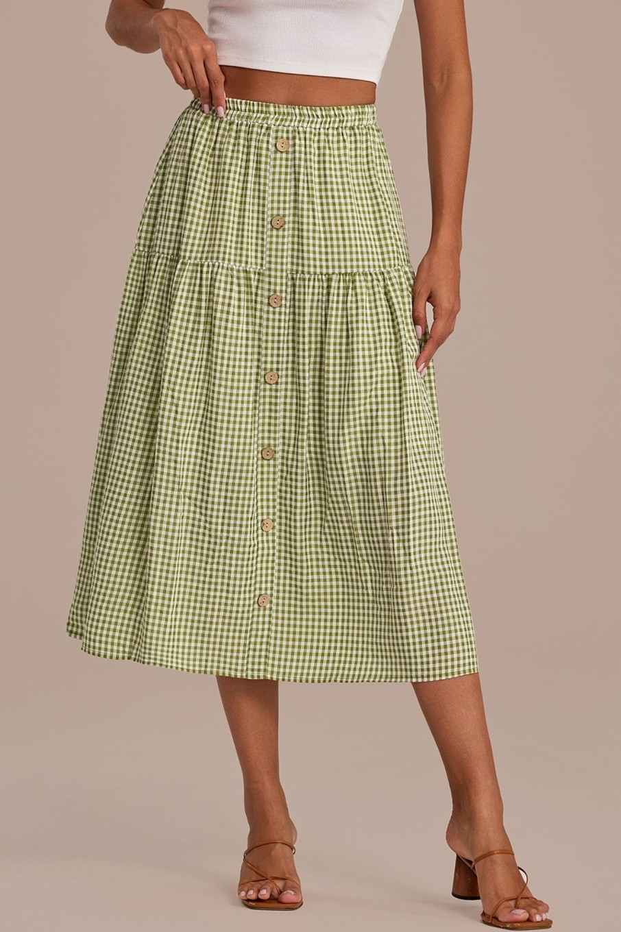 Best Elastic Waist Buttons Midi Skirt Sage Plaid