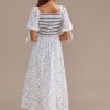 New Floral Short Puff Sleeve Square Neck Embroidery Midi Dress Multi