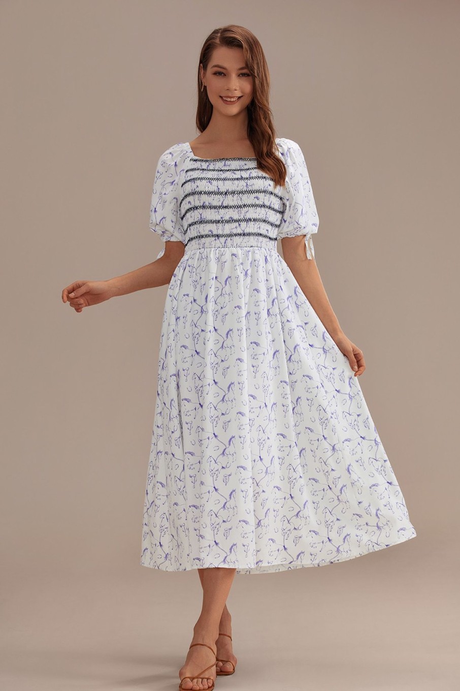 New Floral Short Puff Sleeve Square Neck Embroidery Midi Dress Multi