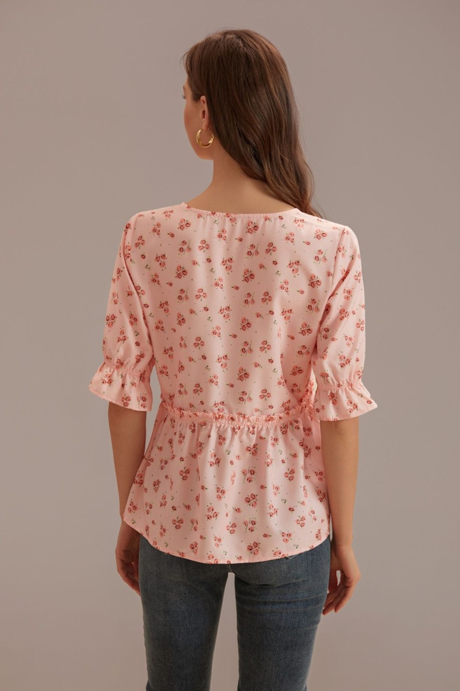 New Floral Short Sleeve V Neck Peplum Blouse Orange