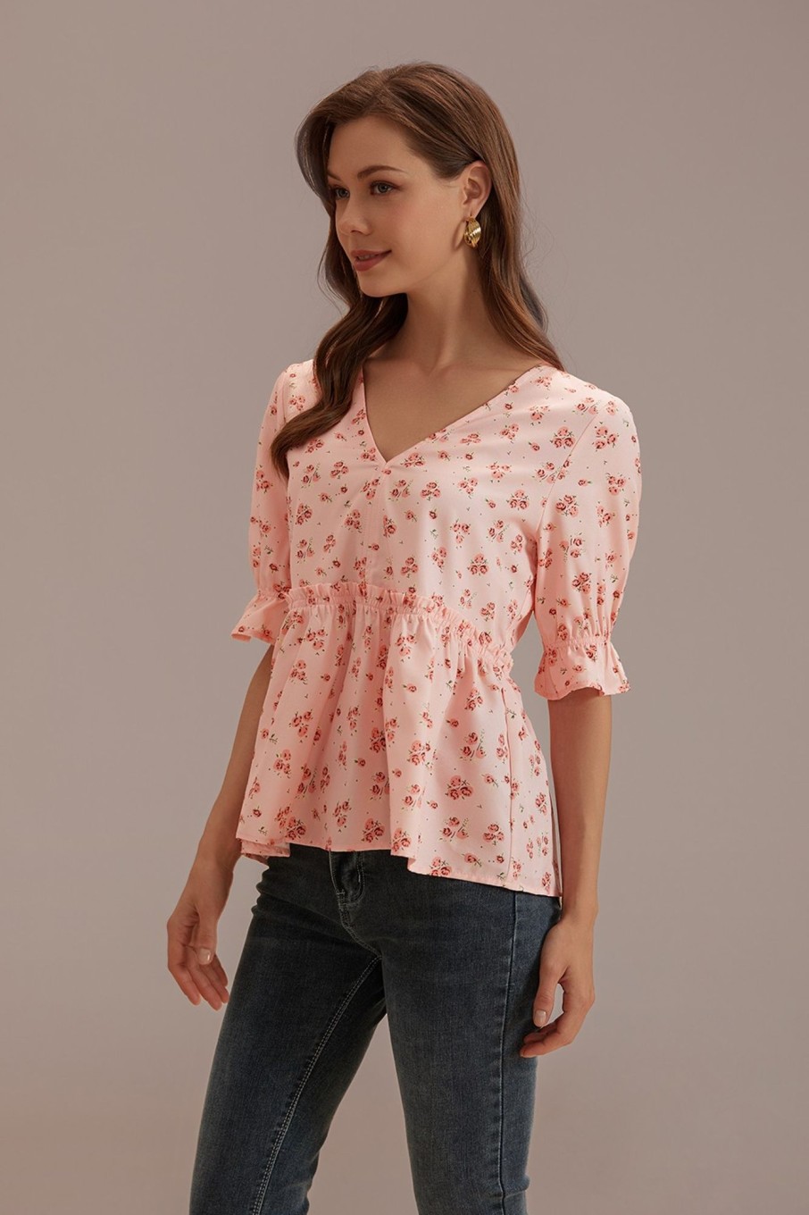 New Floral Short Sleeve V Neck Peplum Blouse Orange