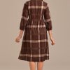 Best Plaid Half Sleeve V Neck Midi Dress Brown