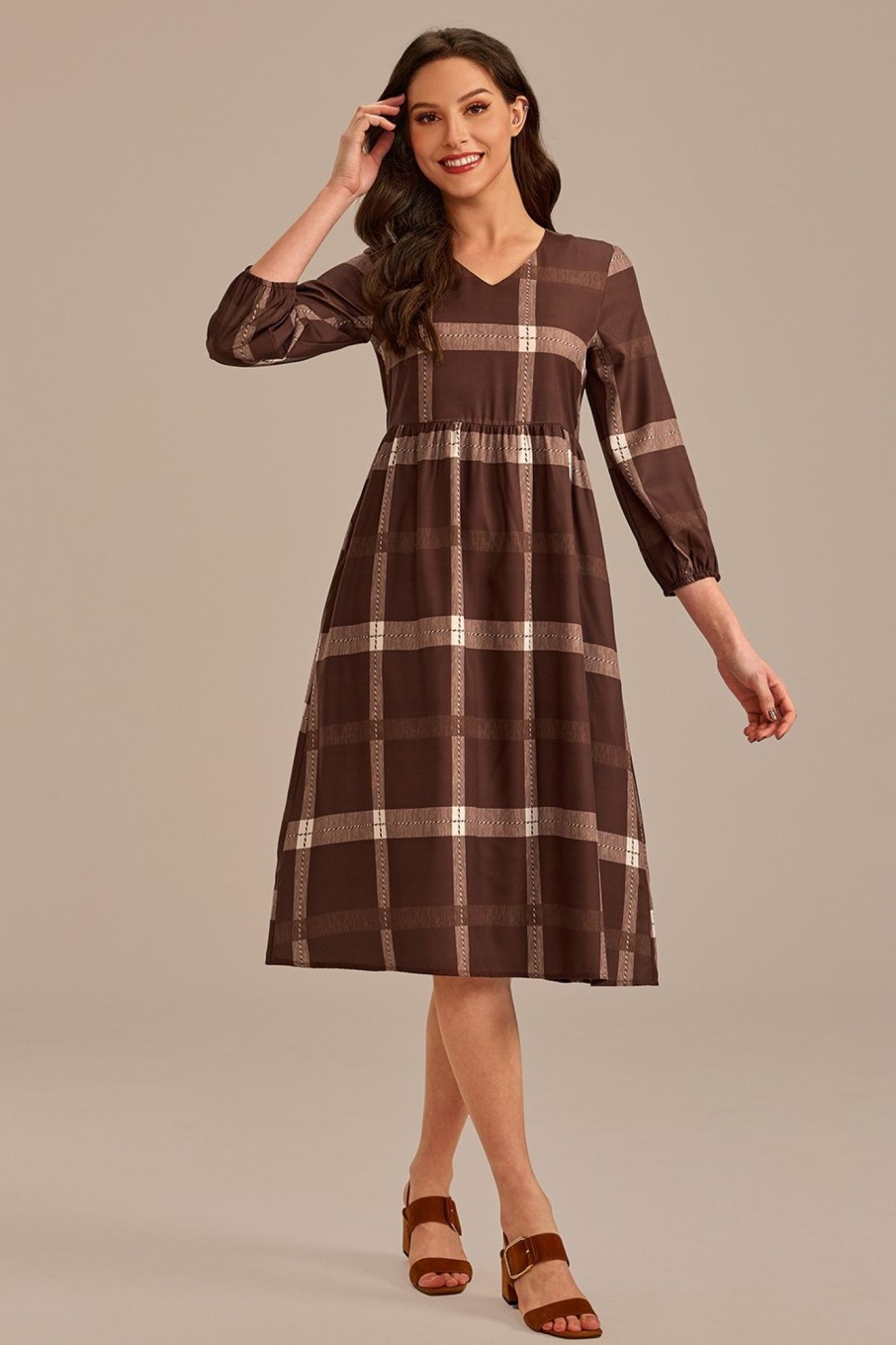 Best Plaid Half Sleeve V Neck Midi Dress Brown