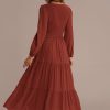 New Elegant Long Sleeve V Neck Shirring Maxi Dress Picturecolor