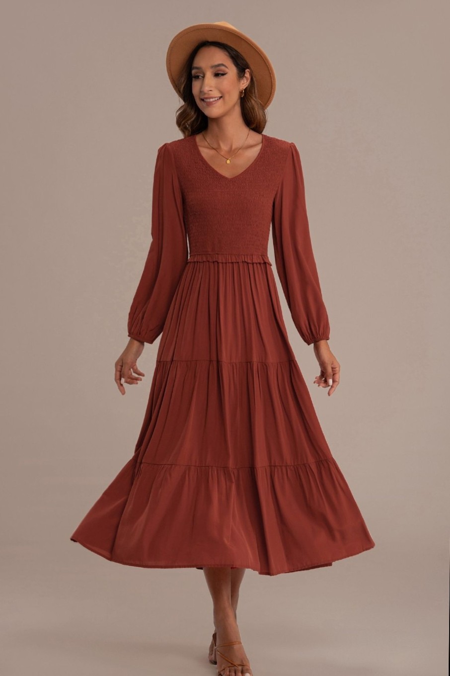 New Elegant Long Sleeve V Neck Shirring Maxi Dress Picturecolor