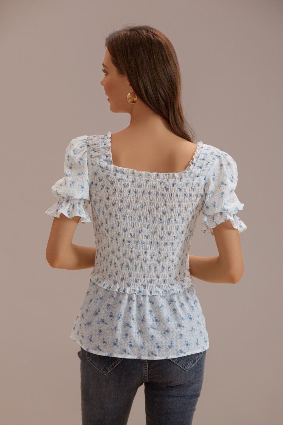 Best Bubble Short Sleeve Square Neck Shirt Floral