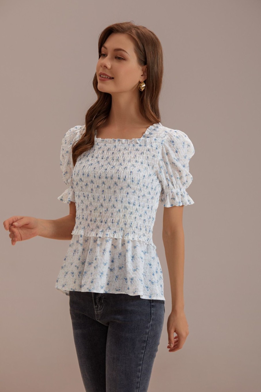 Best Bubble Short Sleeve Square Neck Shirt Floral