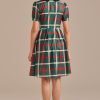 Best Plaid Short Sleeve Round Neck Button Front Midi Dress Green