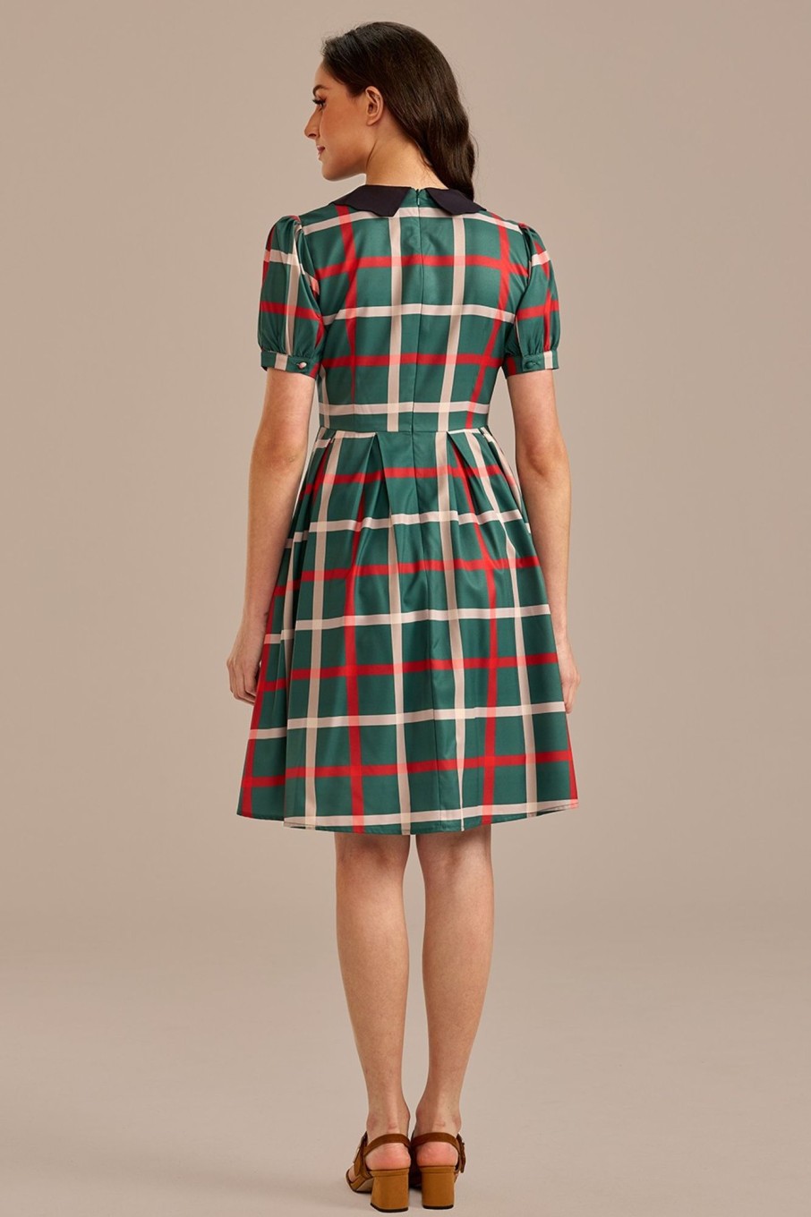 Best Plaid Short Sleeve Round Neck Button Front Midi Dress Green