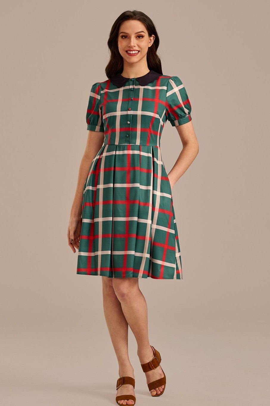 Best Plaid Short Sleeve Round Neck Button Front Midi Dress Green