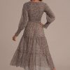 Clearance Leopard Long Sleeve Round Neck Smocked Tiered Midi Dress Beige