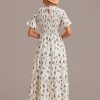 Clearance Yellow Short Sleeve High Neck Smocked Tiered Midi Dress Floral