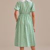 Hot Plaid Short Puff Sleeve Round Neck Midi Dress Green