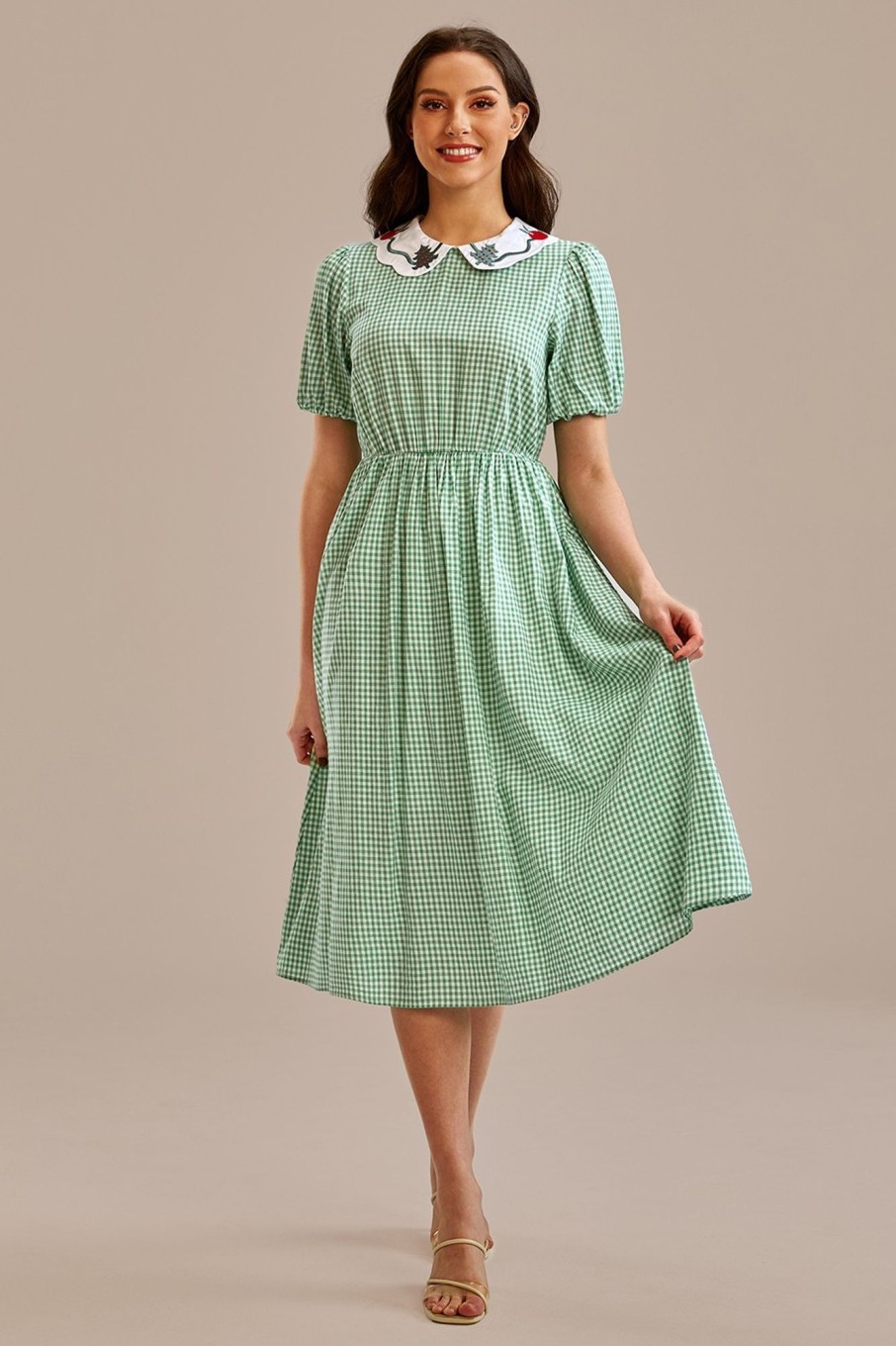 Hot Plaid Short Puff Sleeve Round Neck Midi Dress Green