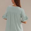 Online Solid V Neck Short Sleeve Smocked Blouse Sage