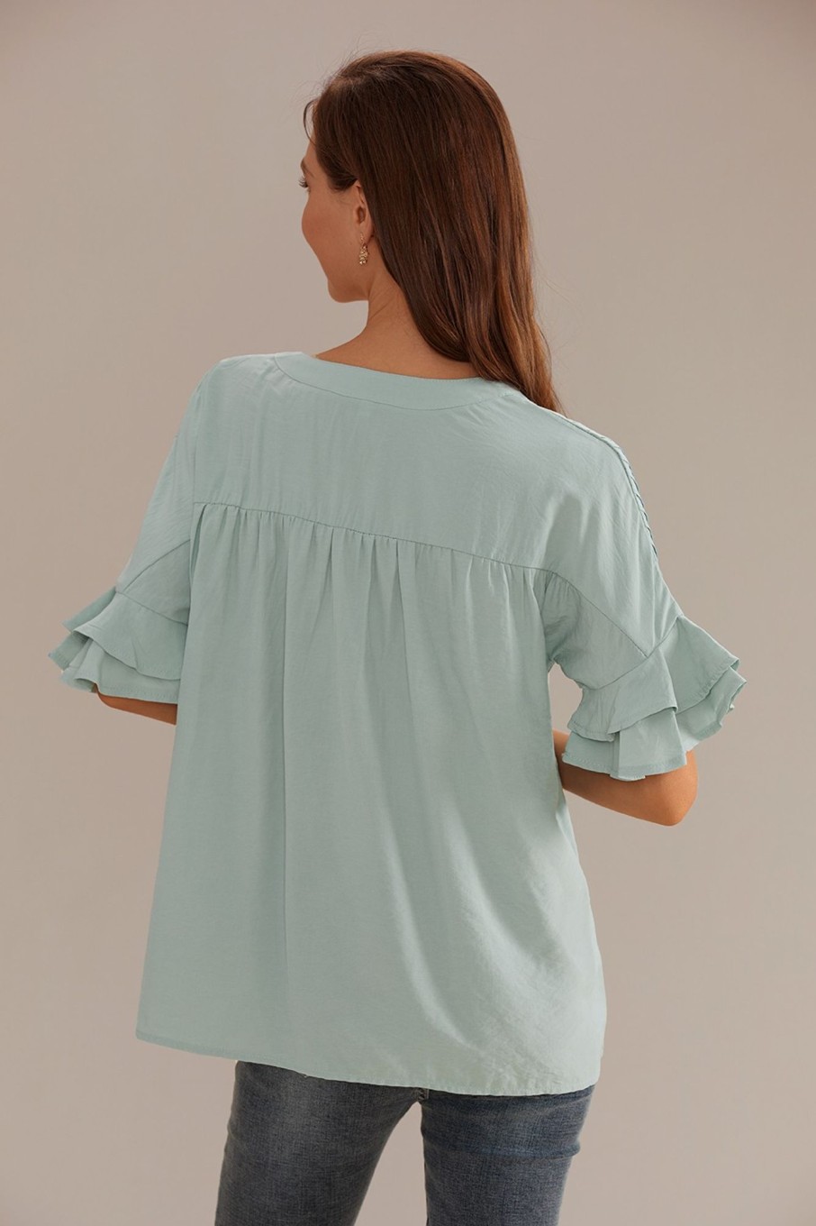 Online Solid V Neck Short Sleeve Smocked Blouse Sage