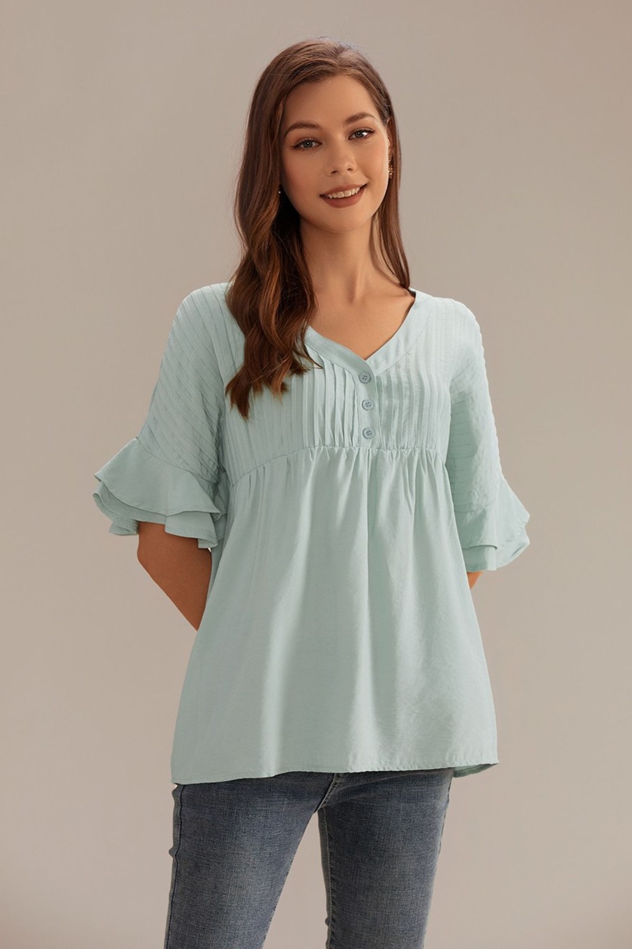 Online Solid V Neck Short Sleeve Smocked Blouse Sage