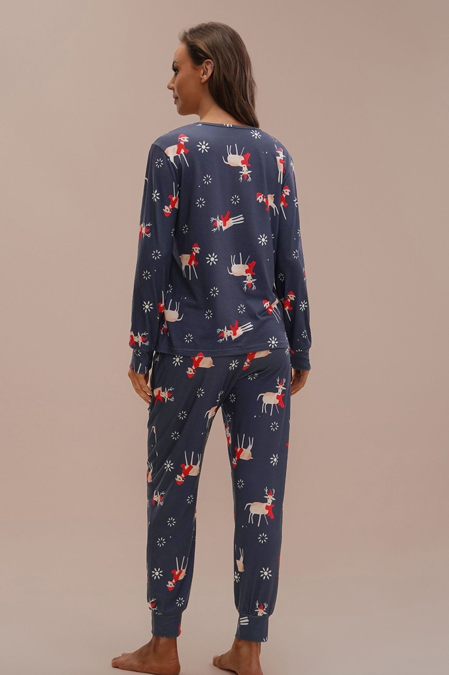 Online Cute Christmas Elk And Floral Print Pj Set Multicolor