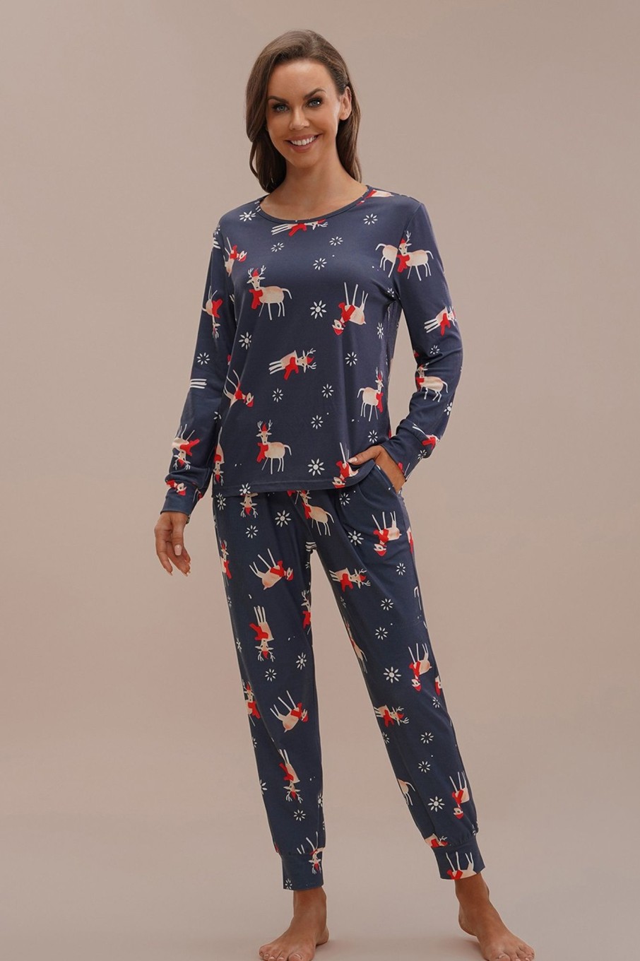 Online Cute Christmas Elk And Floral Print Pj Set Multicolor