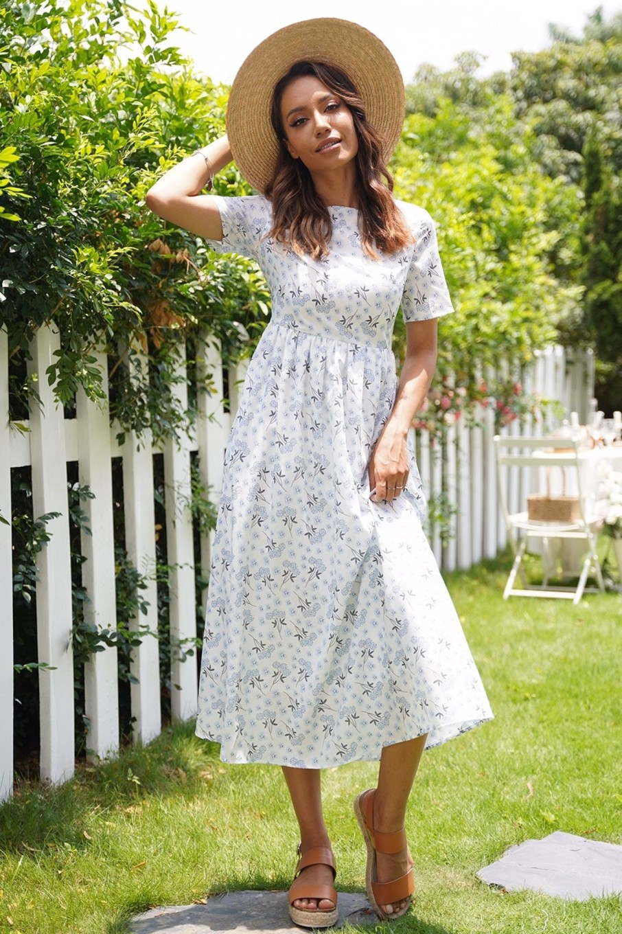 Clearance Short Sleeve Round Neck Cotton Spring Summer Maxi Dress Blue