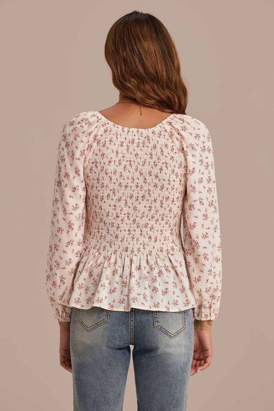 Online Long Sleeve Round Neck Shirring Ruffle Shirt Floral