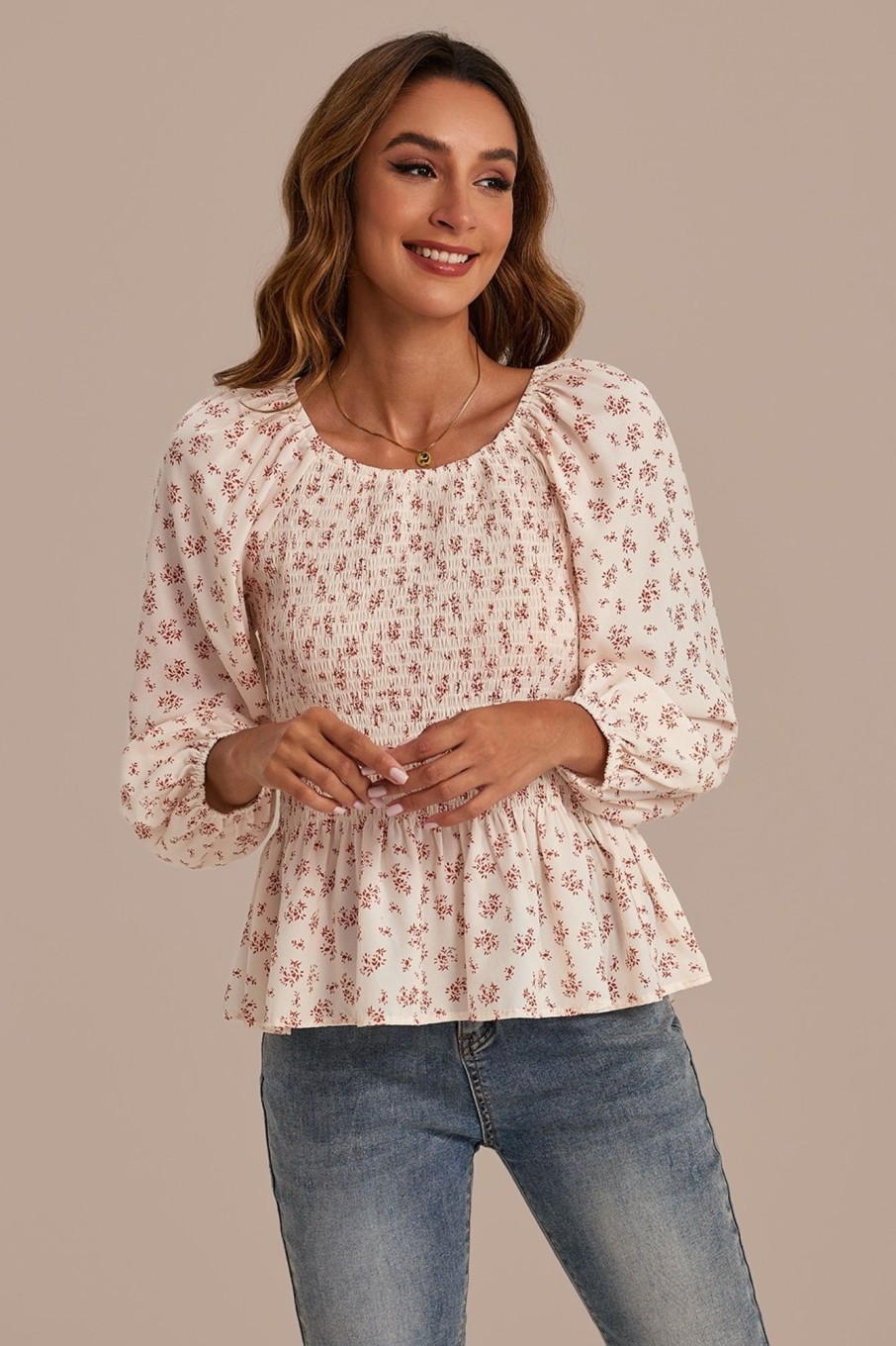 Online Long Sleeve Round Neck Shirring Ruffle Shirt Floral