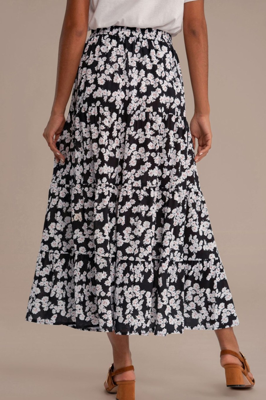 Online Floral Elastic Waist Tiered Midi Skirt Black