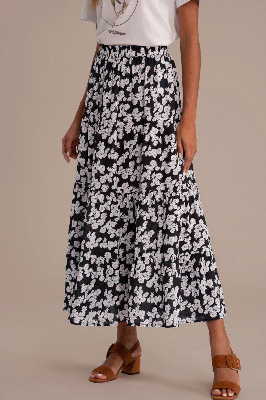 Online Floral Elastic Waist Tiered Midi Skirt Black