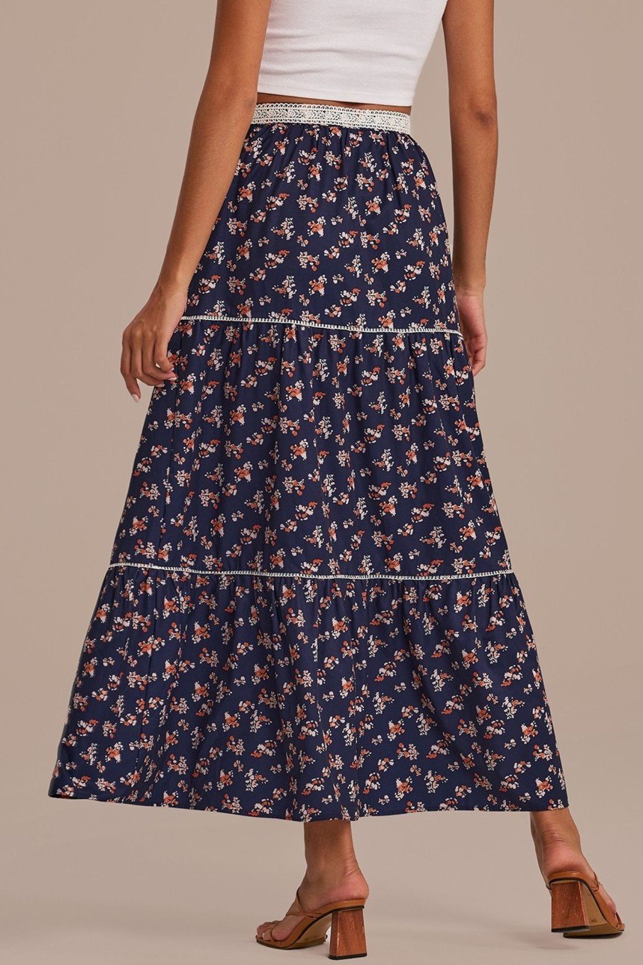 New Floral High Waist Tiered Maxi Skirt Navy