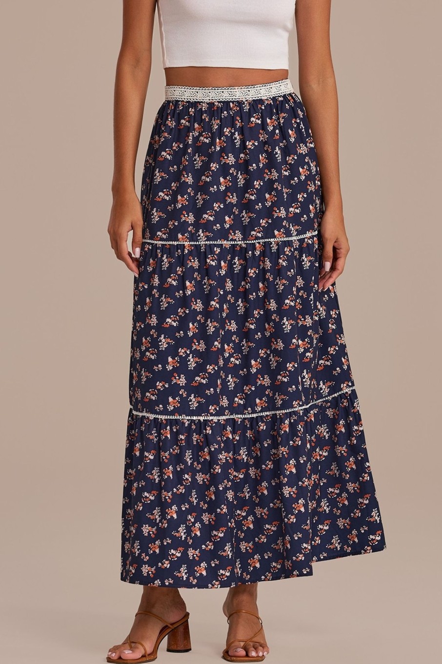 New Floral High Waist Tiered Maxi Skirt Navy