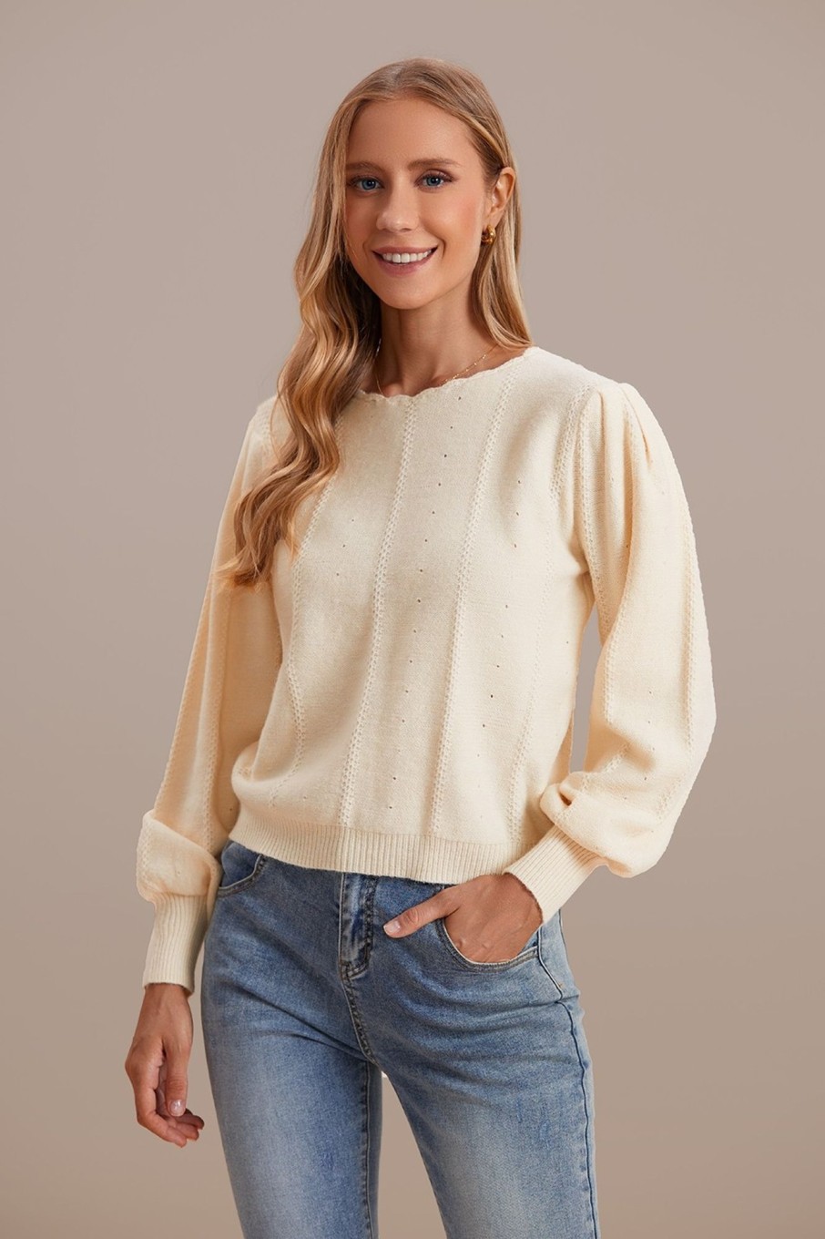 Clearance Cute Long Sleeve Laciness Neckline Sweater Cream