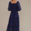 New 3/4 Sleeve Square Neck Smocked Tiered Maxi Dress Blue