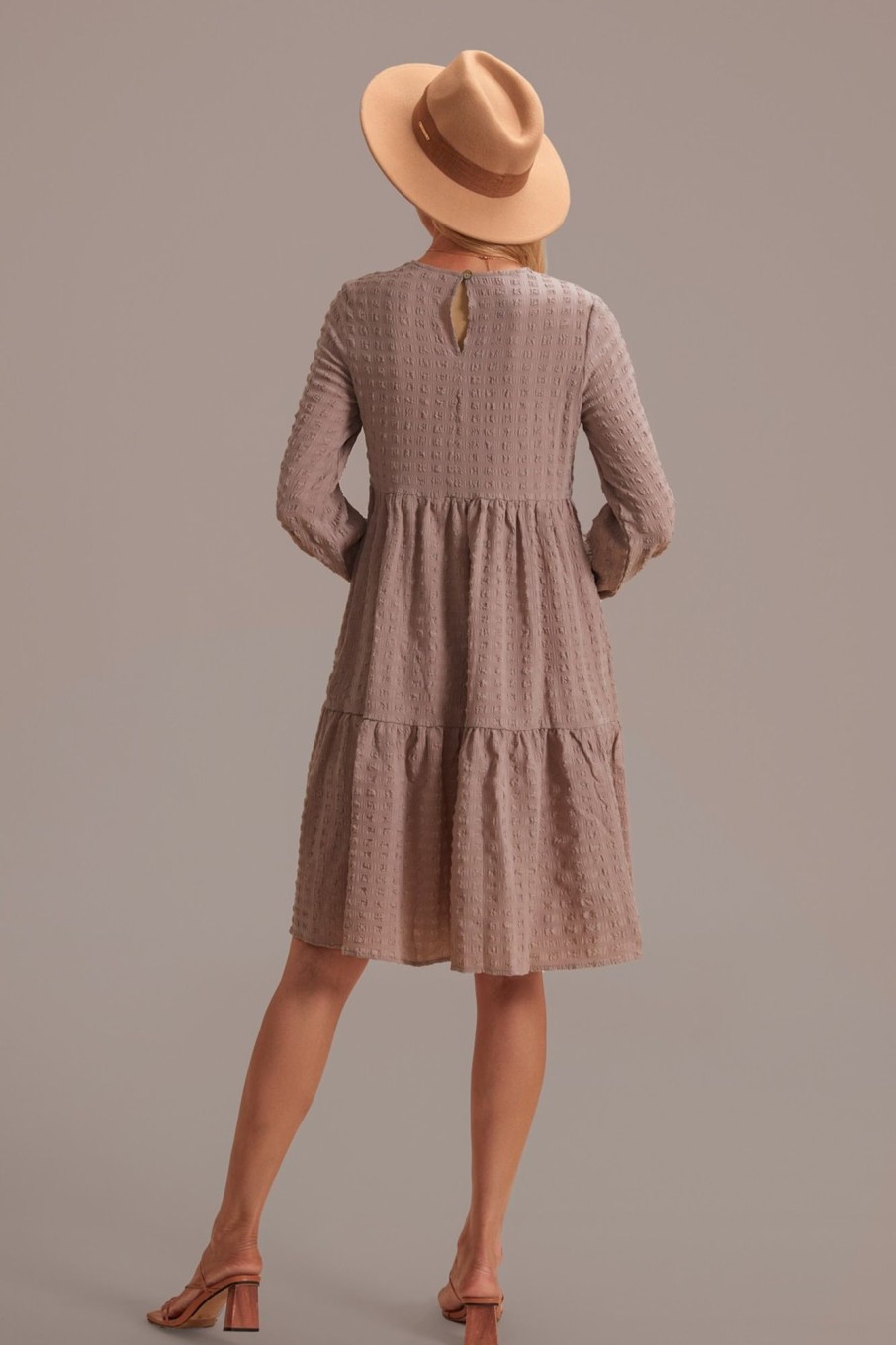 Wholesale Solid Color Long Sleeve Round Neck High Waist Mini Dress Dusty Rose