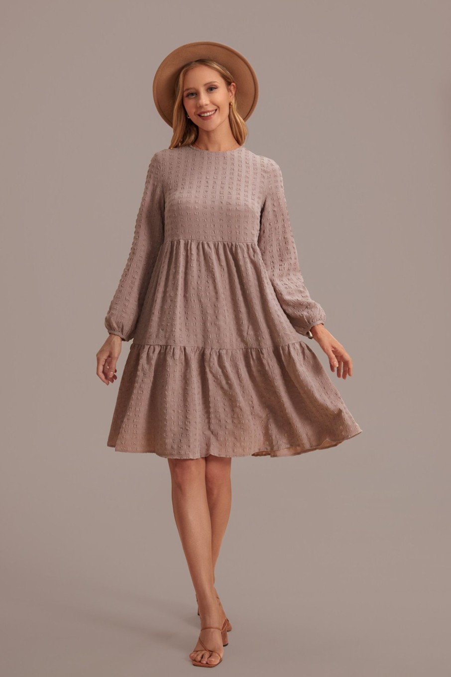 Wholesale Solid Color Long Sleeve Round Neck High Waist Mini Dress Dusty Rose