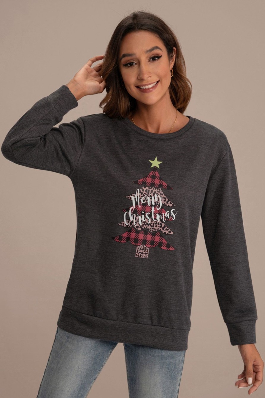 Online Christmas Print Round Neck Long Sleeve Sweatshirt Dark Grey