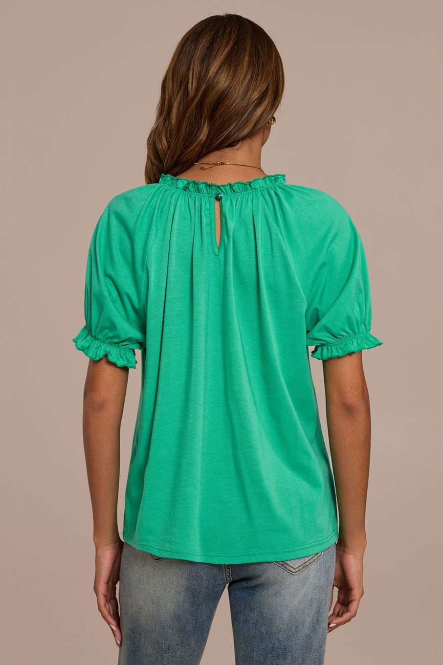 New Short Sleeve Round Ruffle Neck Top Green