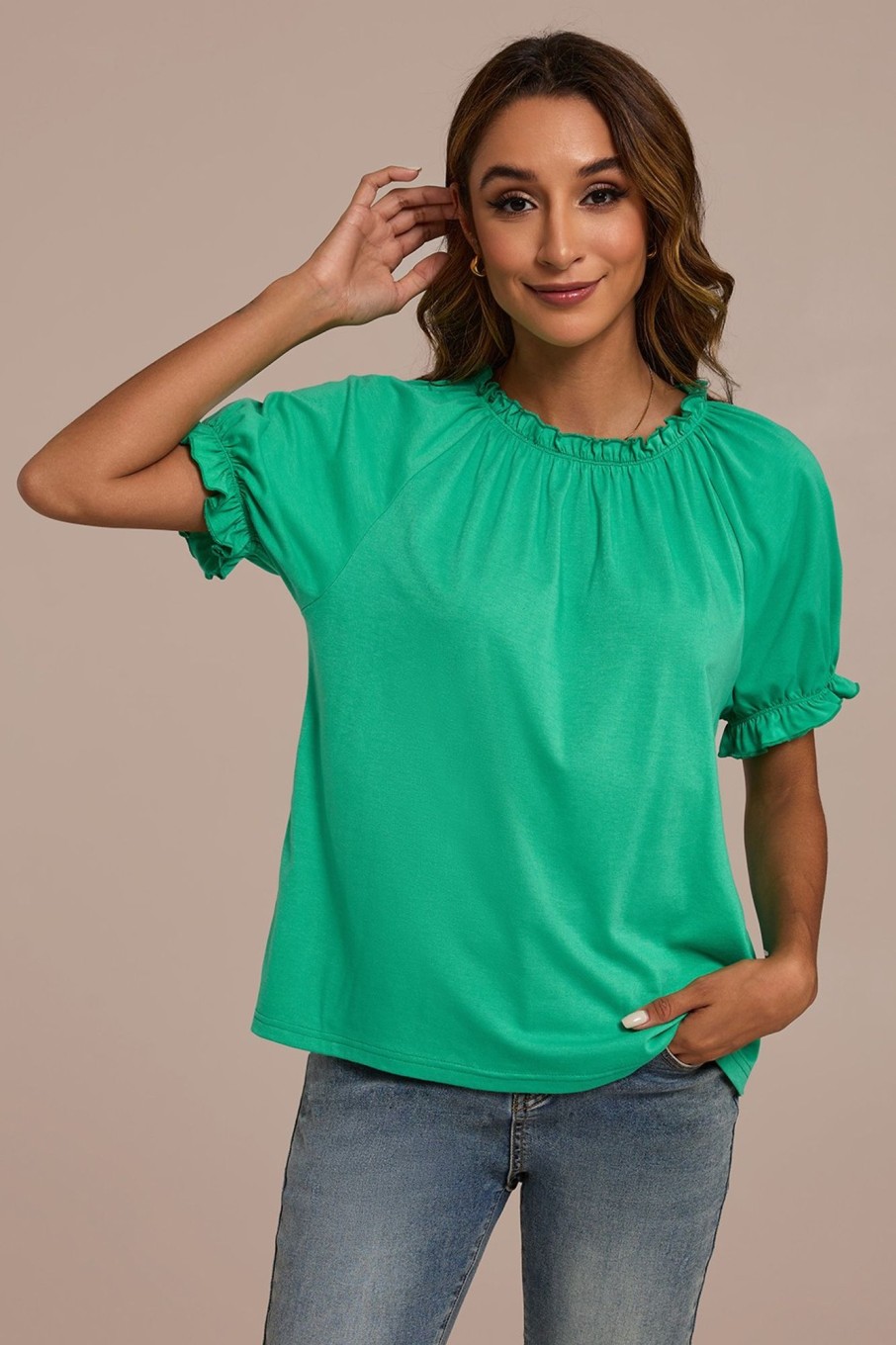 New Short Sleeve Round Ruffle Neck Top Green