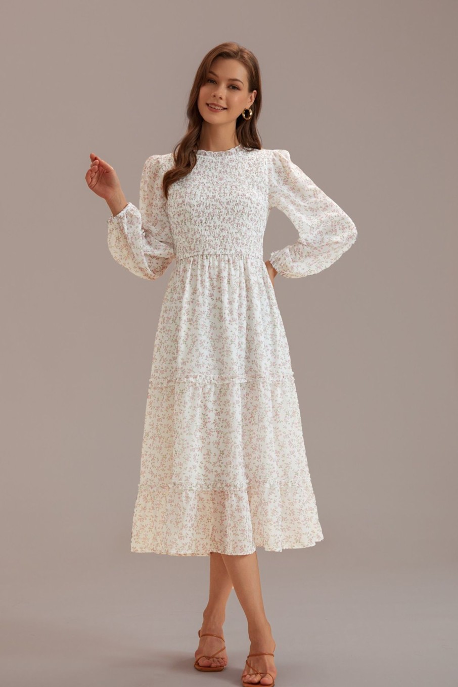 Best Long Sleeve Ruffle Mock Neck Midi Dress Cream Floral