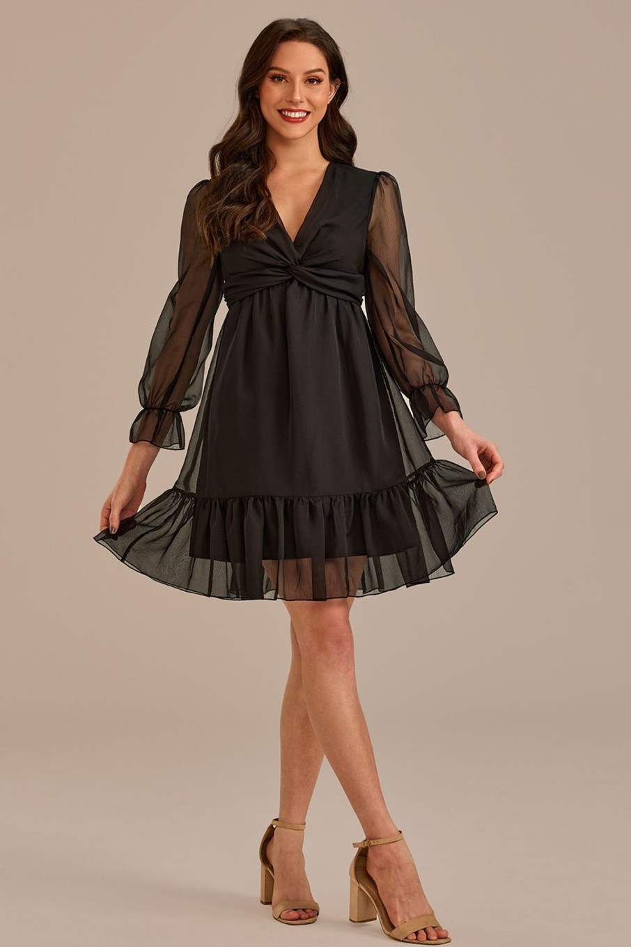 Online Long Sleeve V Neck Ruffle Midi Dress Black