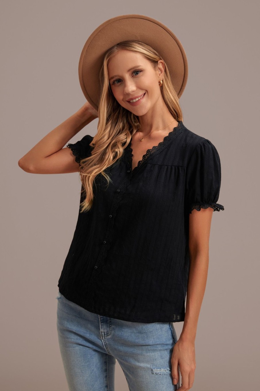 Best Lace V Neck Short Sleeve Button Blouse Black