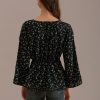 New Floral V Neck Long Sleeve Blouse Black