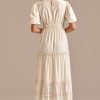 Online Short Puff Sleeve Round Neck Tiered Midi Dress Cream