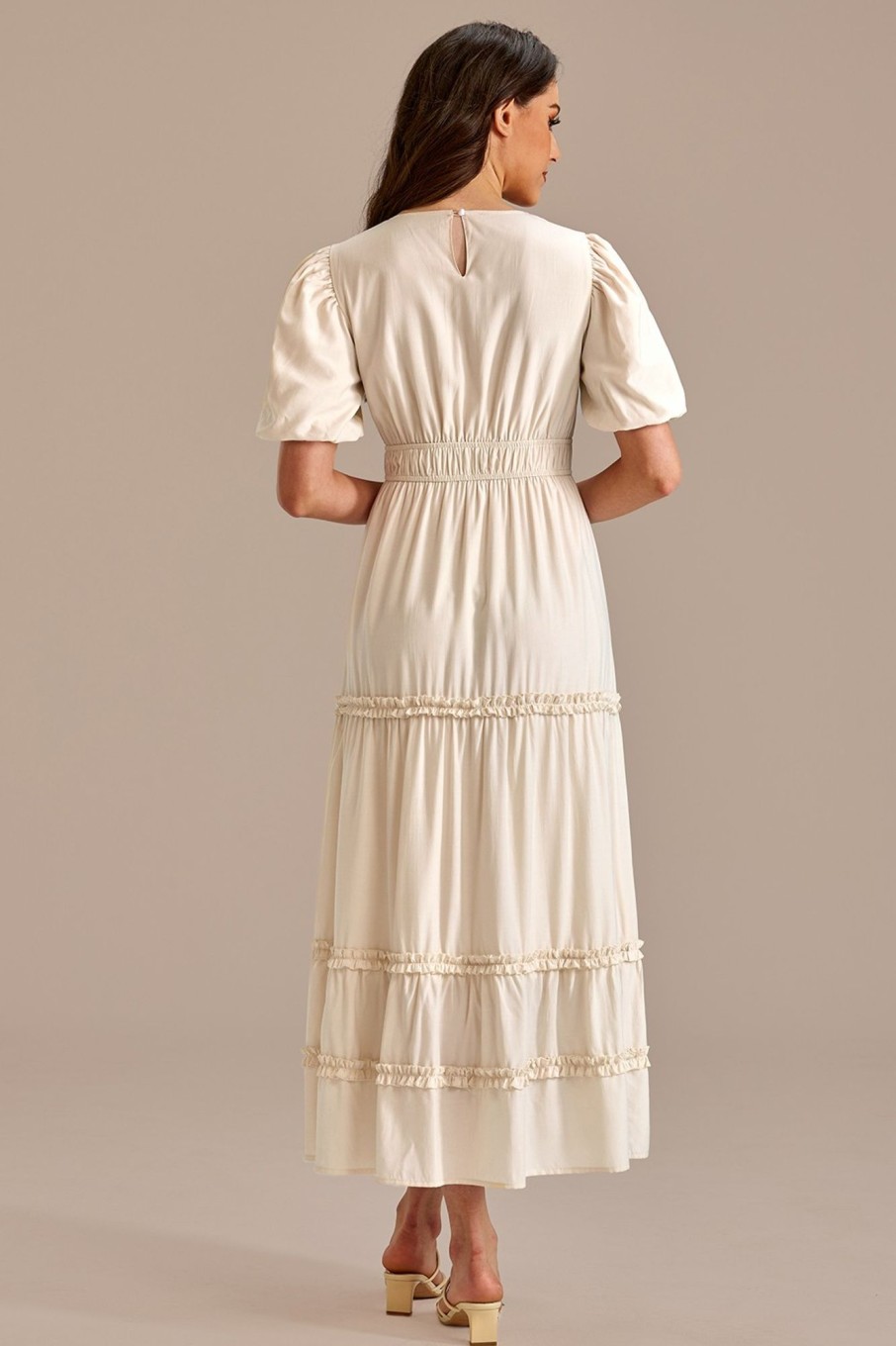 Online Short Puff Sleeve Round Neck Tiered Midi Dress Cream