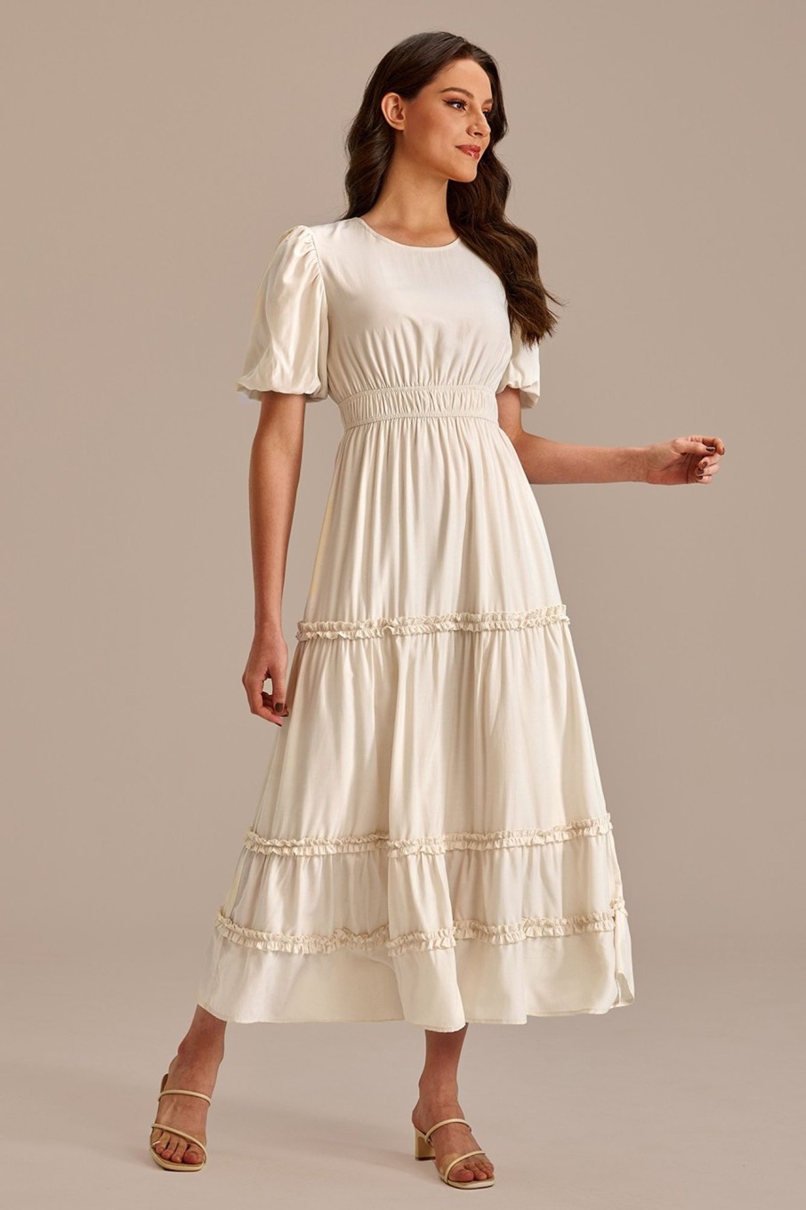 Online Short Puff Sleeve Round Neck Tiered Midi Dress Cream