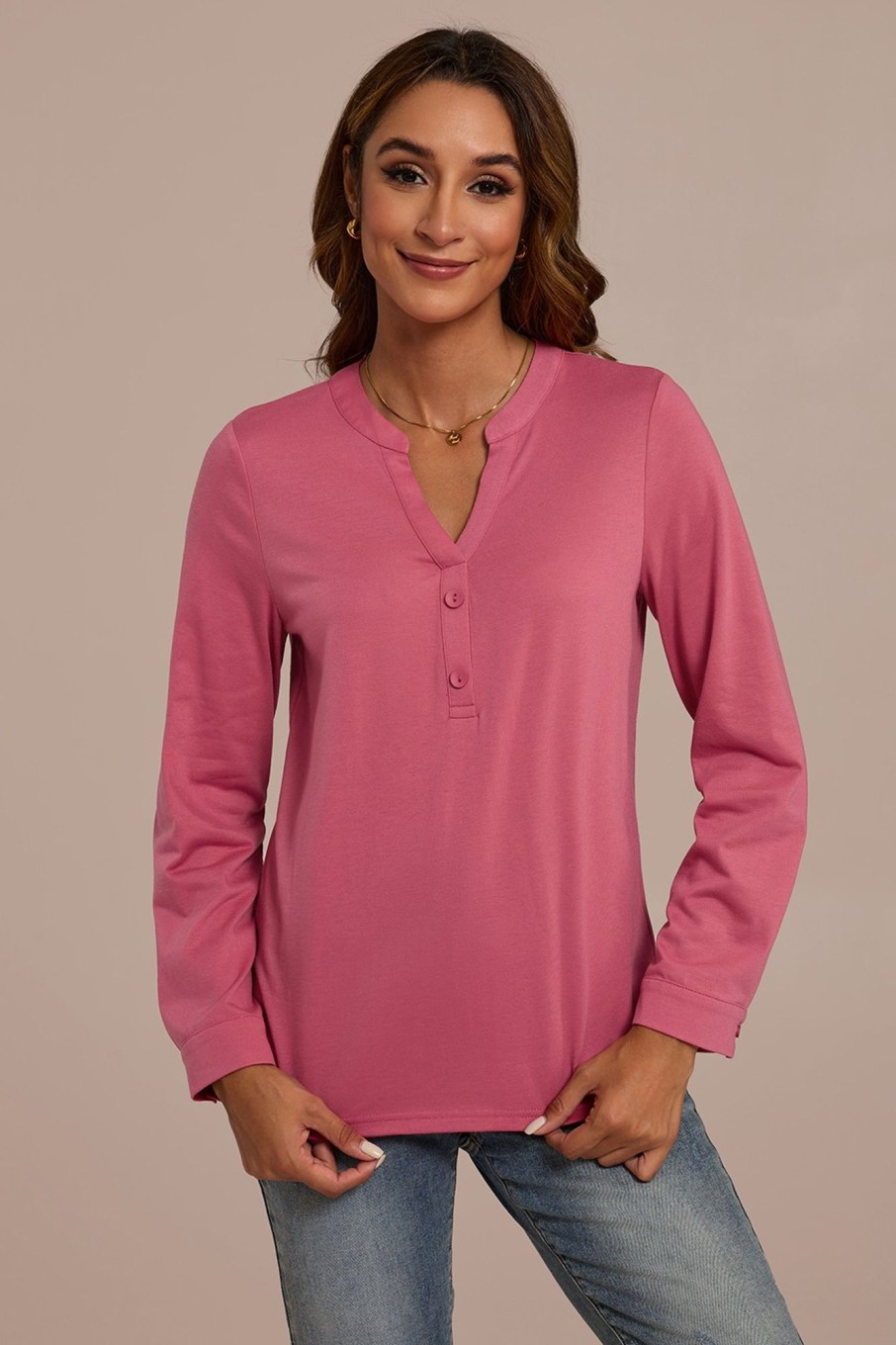 Wholesale Long Sleeve V Neck Button Top Mauve