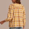 Best Yellow Plaid Square Neck Puff Long Sleeve Button Blouse Multi