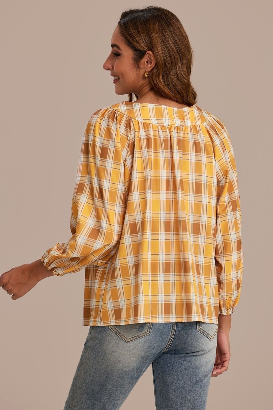 Best Yellow Plaid Square Neck Puff Long Sleeve Button Blouse Multi