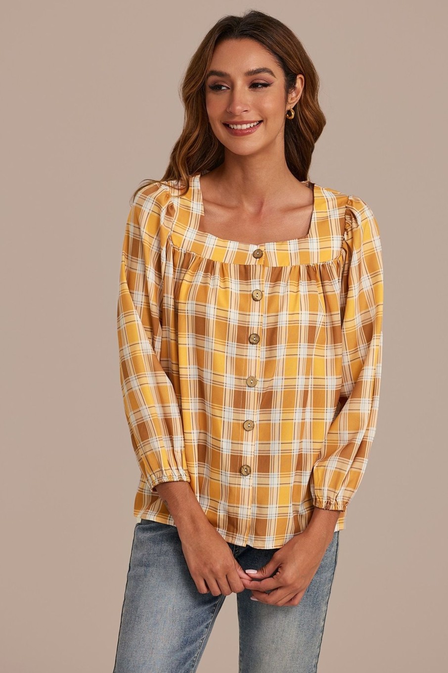 Best Yellow Plaid Square Neck Puff Long Sleeve Button Blouse Multi